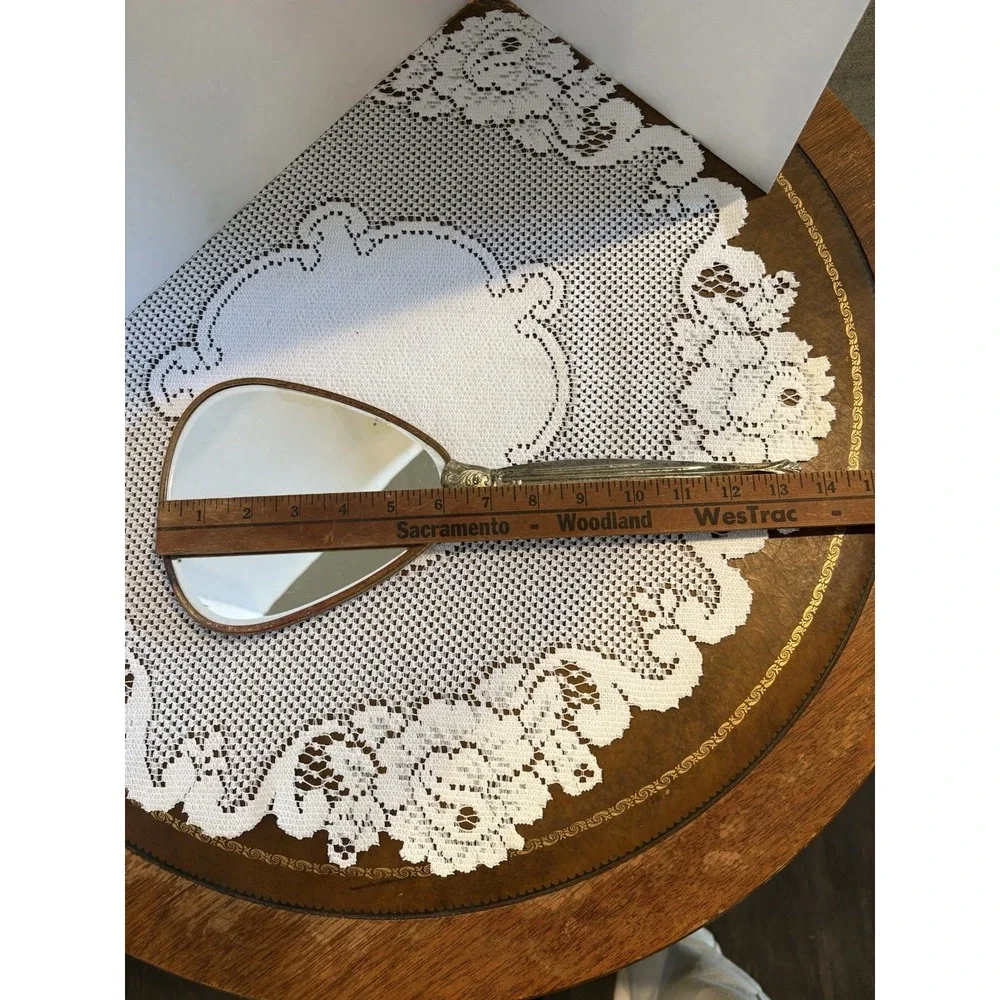 Vintage Hand Mirror Embroidered Floral Fabric Back Metal Decorative Handle 13in